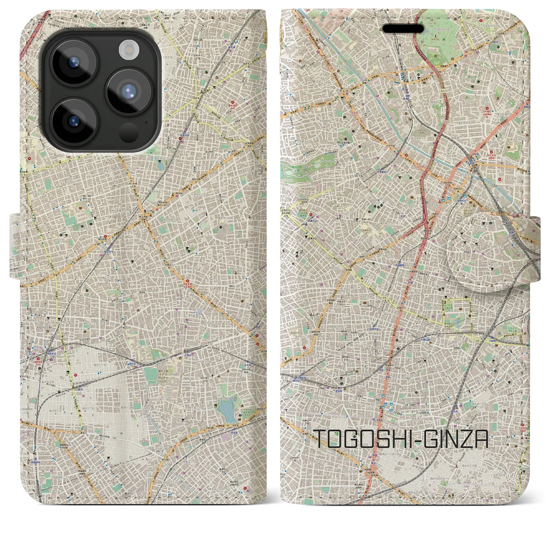 【戸越銀座】地図柄iPhoneケース（手帳両面タイプ・ナチュラル）iPhone 15 Pro Max 用