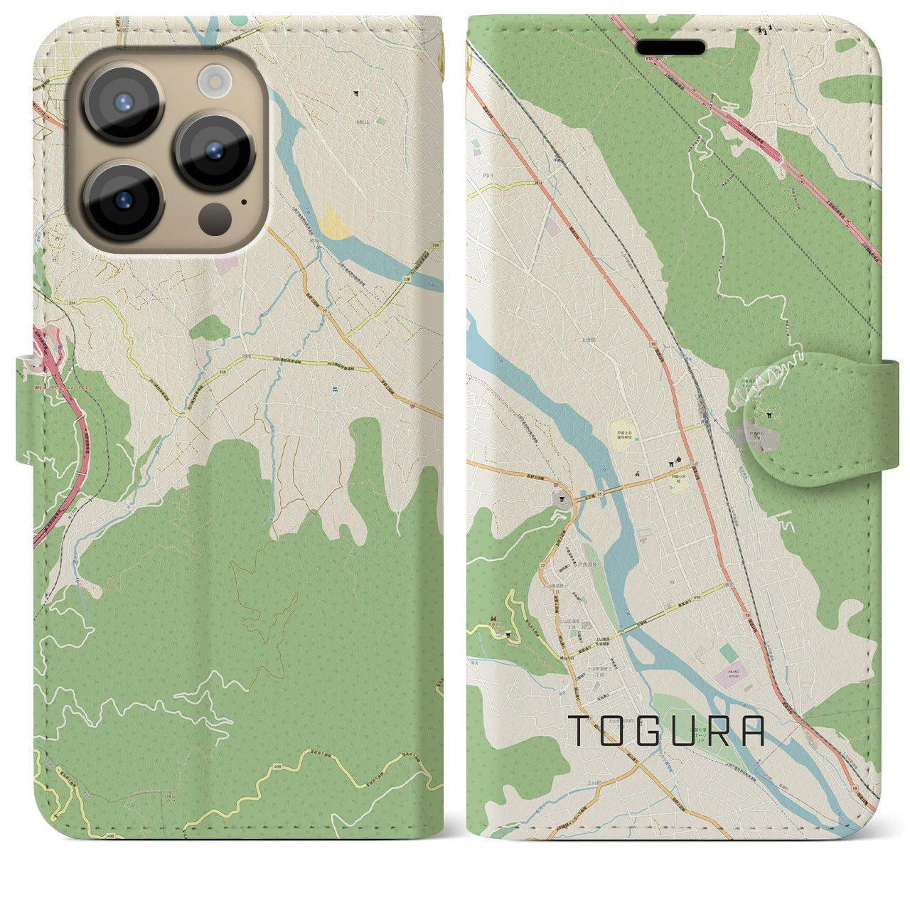【戸倉】地図柄iPhoneケース（手帳両面タイプ・ナチュラル）iPhone 14 Pro Max 用