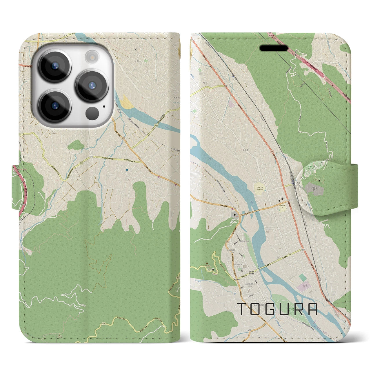 【戸倉】地図柄iPhoneケース（手帳両面タイプ・ナチュラル）iPhone 14 Pro 用