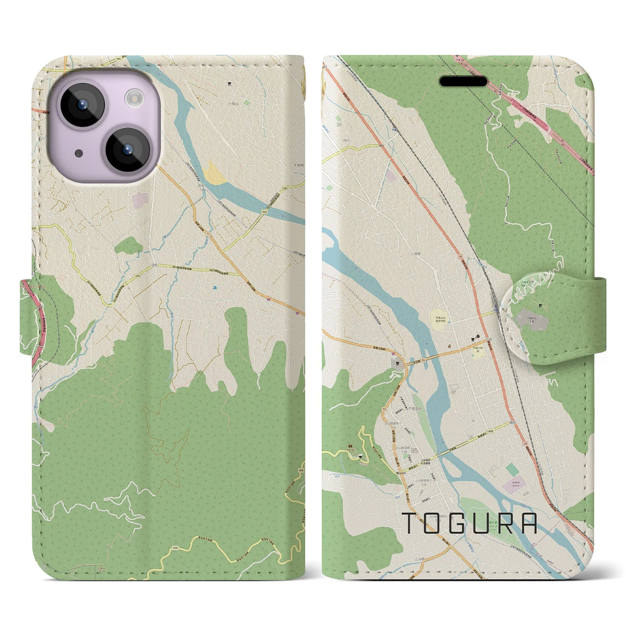 【戸倉】地図柄iPhoneケース（手帳両面タイプ・ナチュラル）iPhone 14 用