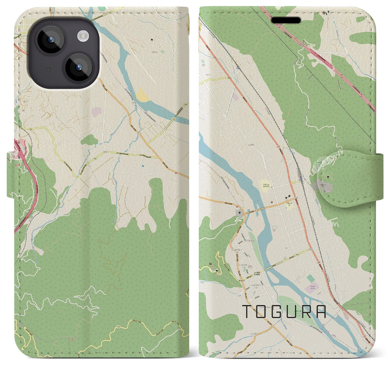 【戸倉】地図柄iPhoneケース（手帳両面タイプ・ナチュラル）iPhone 14 Plus 用
