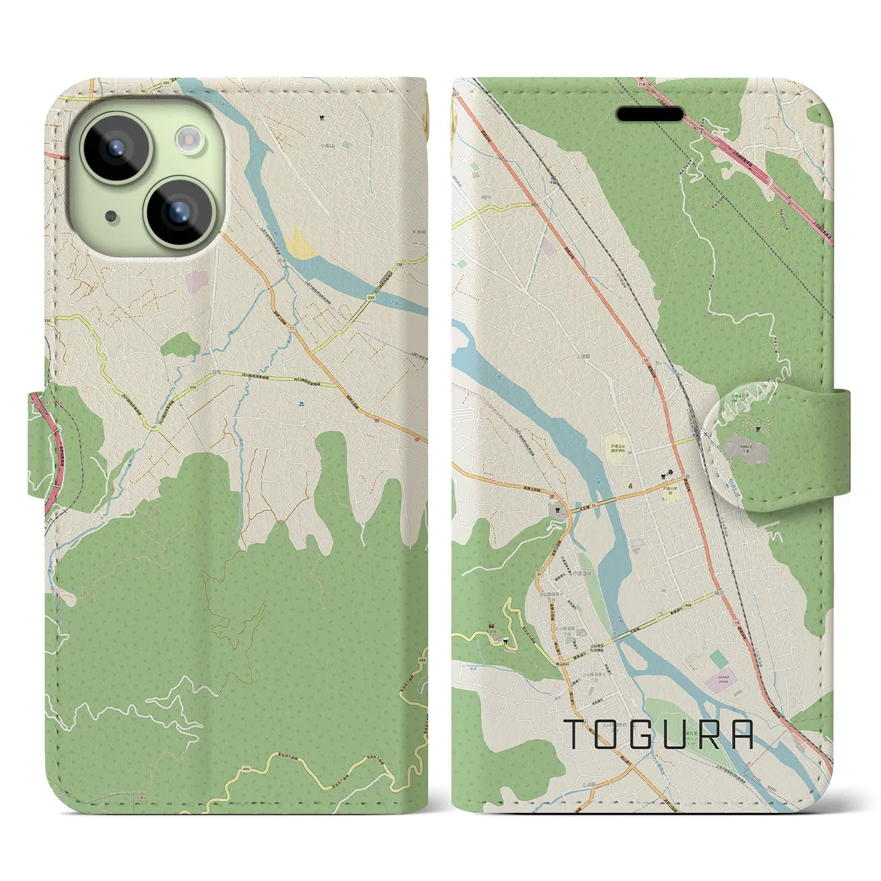 【戸倉】地図柄iPhoneケース（手帳両面タイプ・ナチュラル）iPhone 15 用