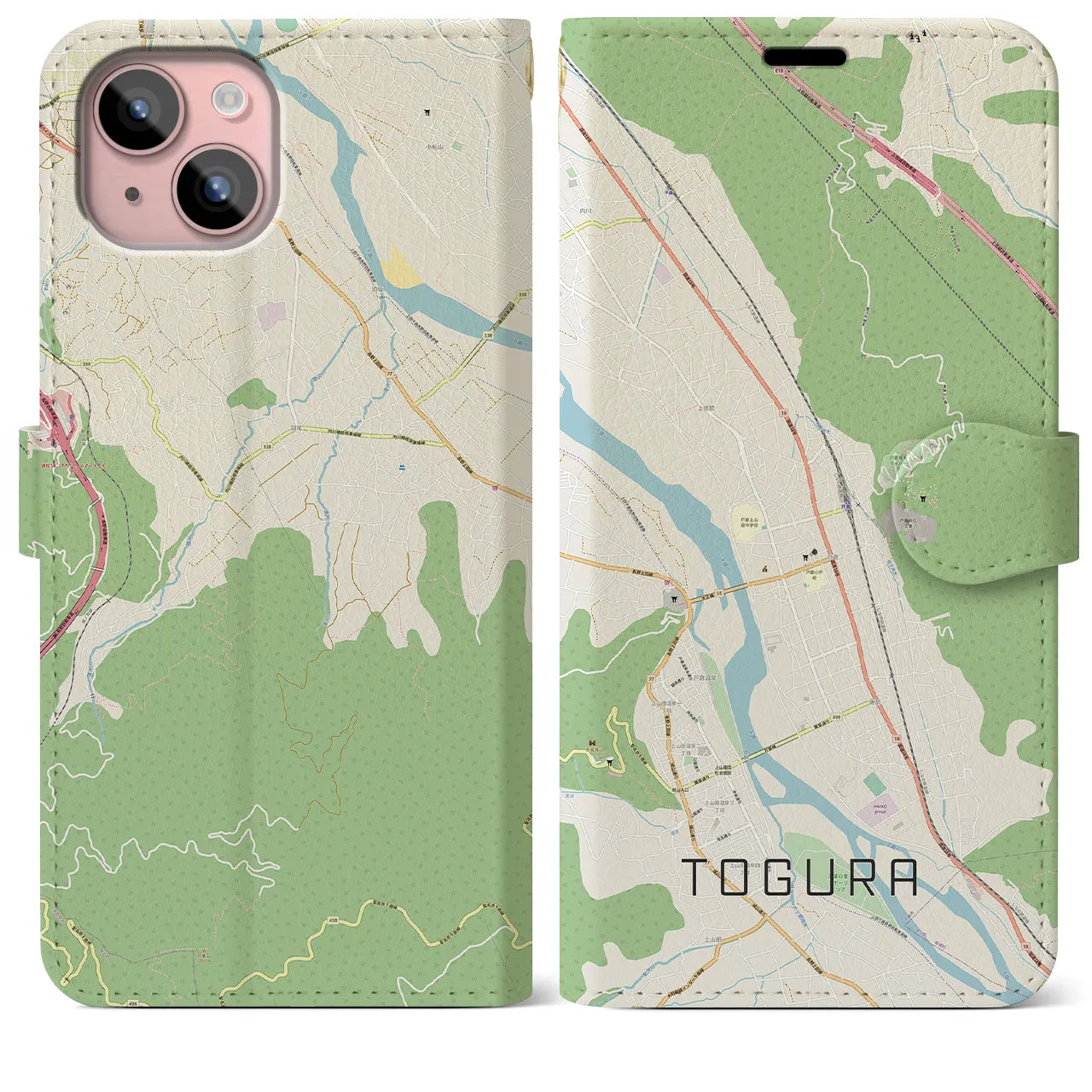 【戸倉】地図柄iPhoneケース（手帳両面タイプ・ナチュラル）iPhone 15 Plus 用