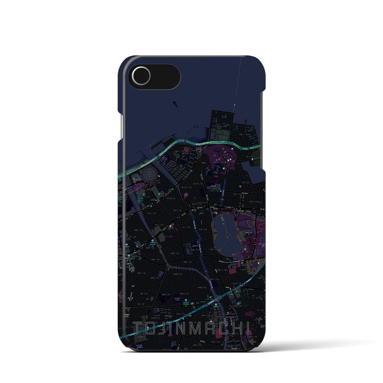【唐人町】地図柄iPhoneケース（バックカバータイプ・ブラック）iPhone SE（第3 / 第2世代） / 8 / 7 / 6s / 6 用