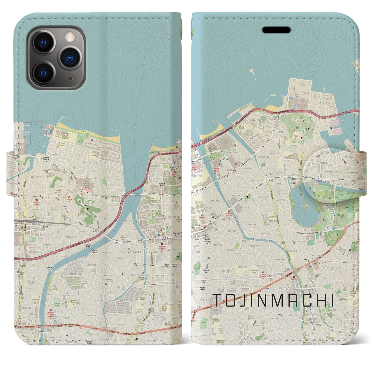 【唐人町】地図柄iPhoneケース（手帳両面タイプ・ナチュラル）iPhone 11 Pro Max 用
