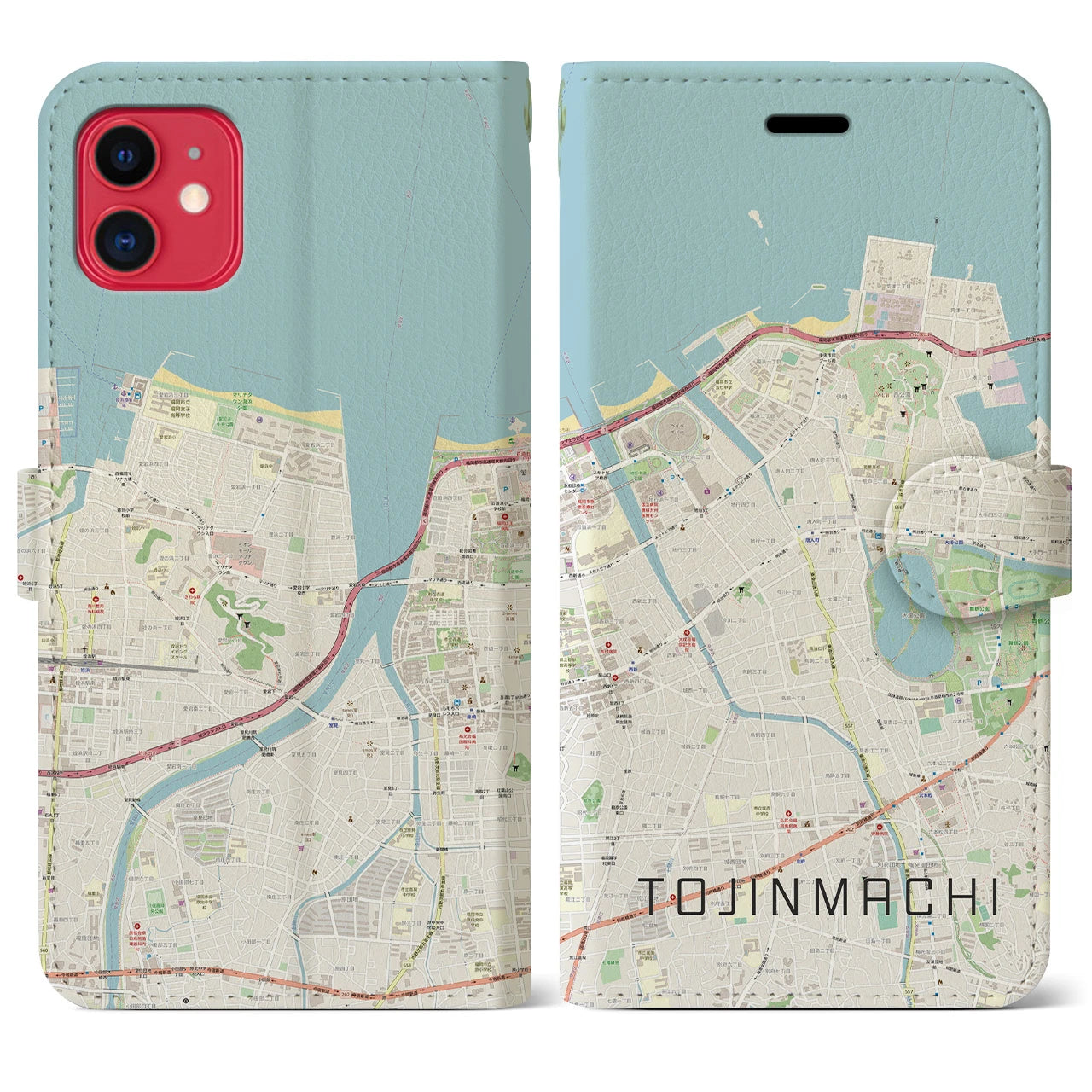【唐人町】地図柄iPhoneケース（手帳両面タイプ・ナチュラル）iPhone 11 用