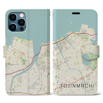 【唐人町（福岡県）】地図柄iPhoneケース（手帳タイプ）ナチュラル・iPhone 12 / 12 Pro 用