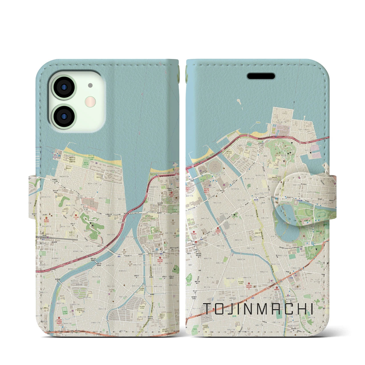 【唐人町】地図柄iPhoneケース（手帳両面タイプ・ナチュラル）iPhone 12 mini 用