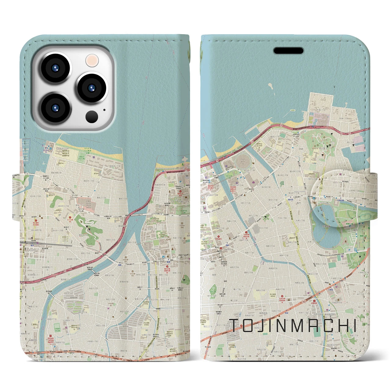 【唐人町】地図柄iPhoneケース（手帳両面タイプ・ナチュラル）iPhone 13 Pro 用