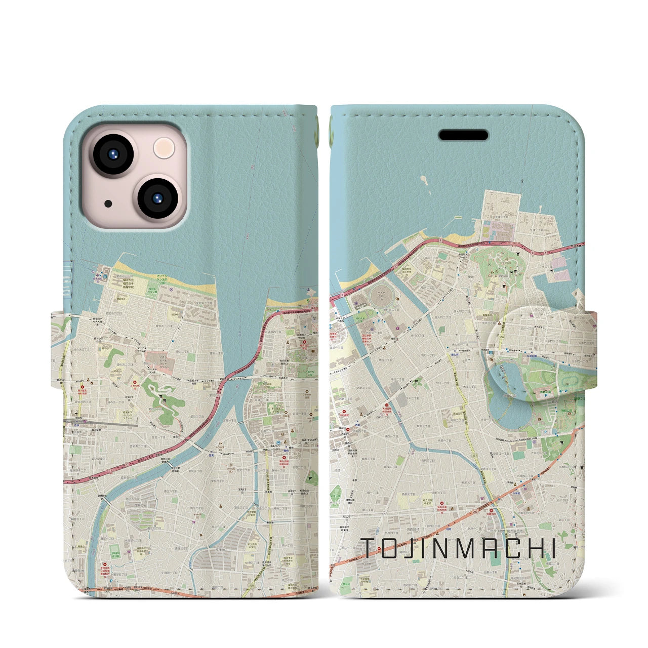 【唐人町】地図柄iPhoneケース（手帳両面タイプ・ナチュラル）iPhone 13 mini 用