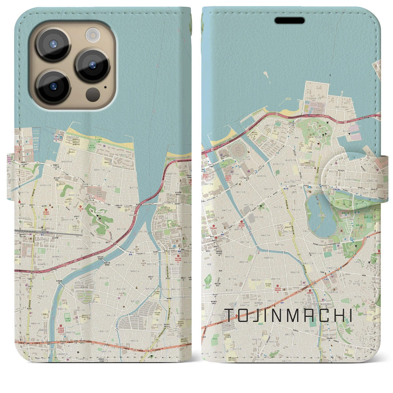 【唐人町】地図柄iPhoneケース（手帳両面タイプ・ナチュラル）iPhone 14 Pro Max 用