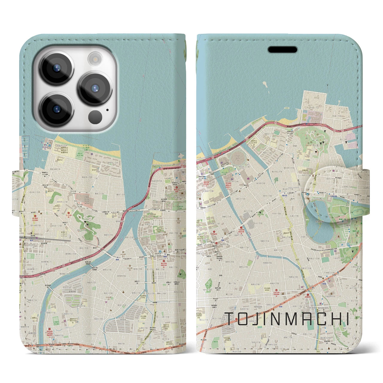 【唐人町】地図柄iPhoneケース（手帳両面タイプ・ナチュラル）iPhone 14 Pro 用
