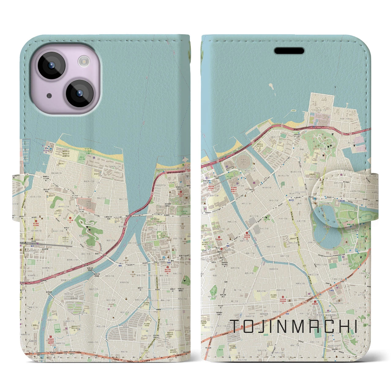 【唐人町】地図柄iPhoneケース（手帳両面タイプ・ナチュラル）iPhone 14 用
