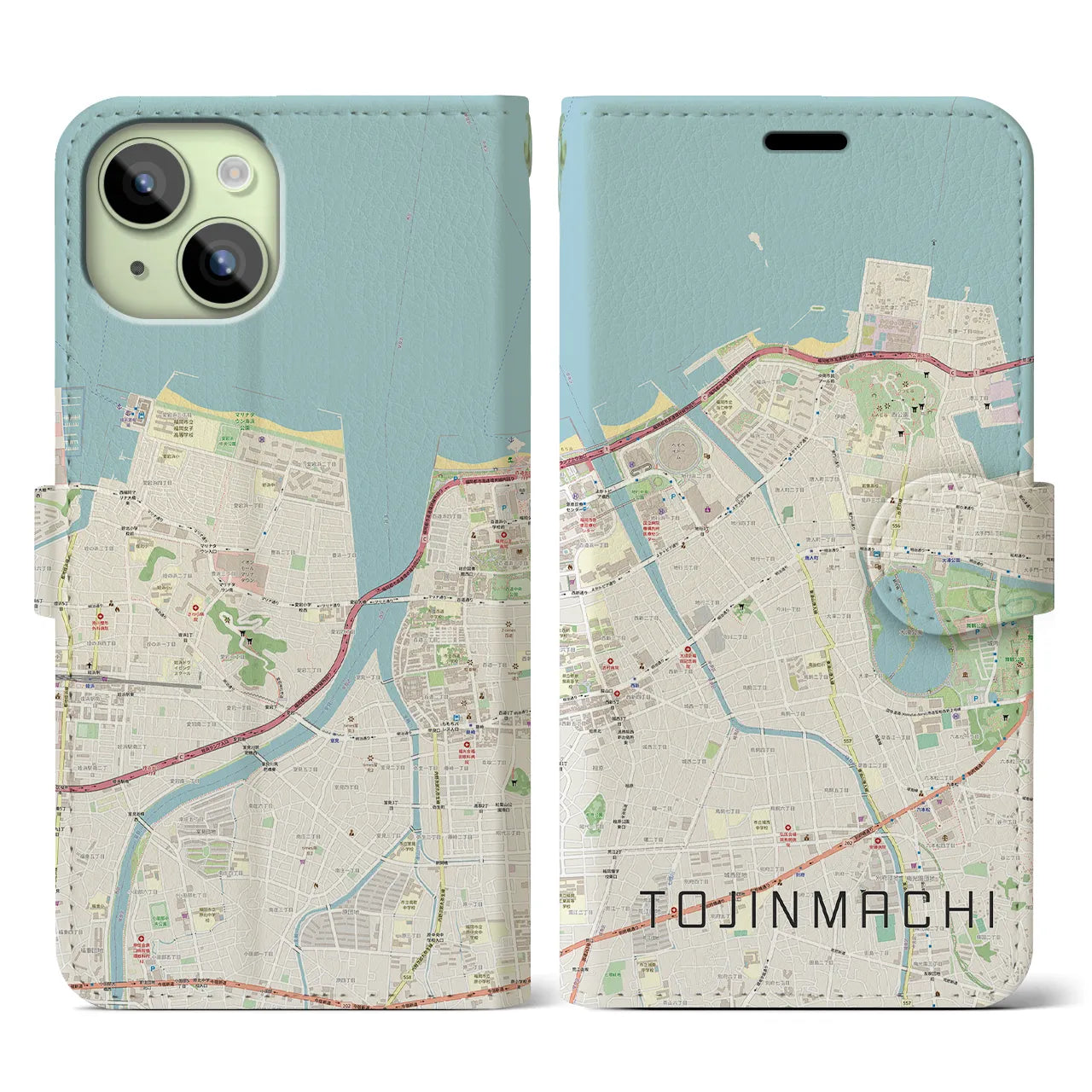 【唐人町】地図柄iPhoneケース（手帳両面タイプ・ナチュラル）iPhone 15 用