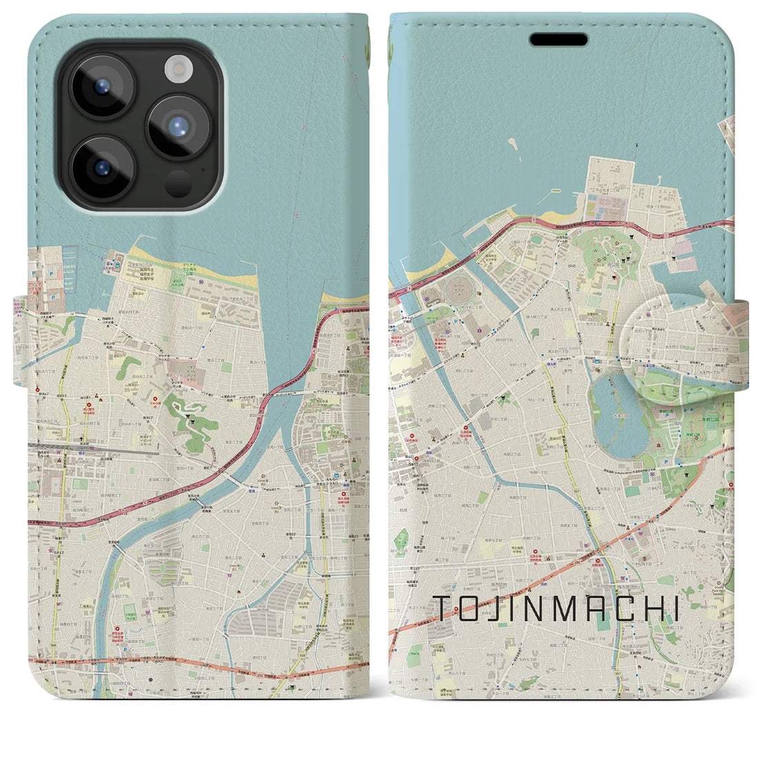 【唐人町】地図柄iPhoneケース（手帳両面タイプ・ナチュラル）iPhone 15 Pro Max 用