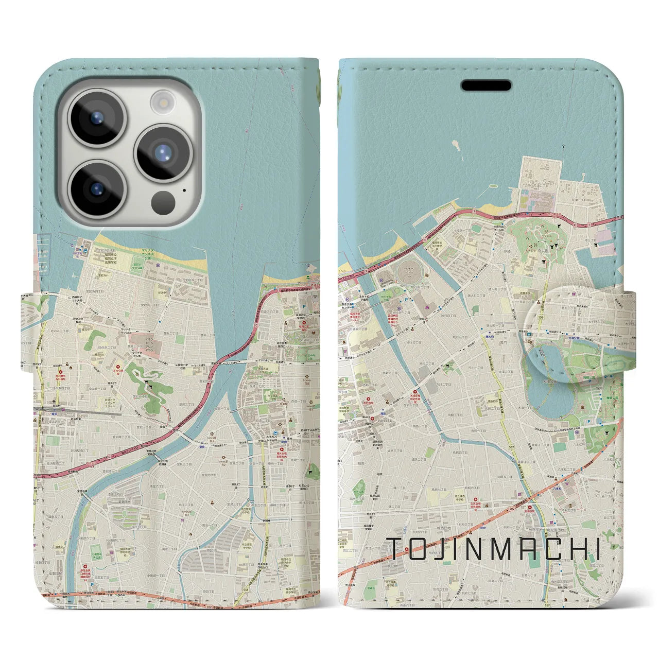 【唐人町】地図柄iPhoneケース（手帳両面タイプ・ナチュラル）iPhone 15 Pro 用