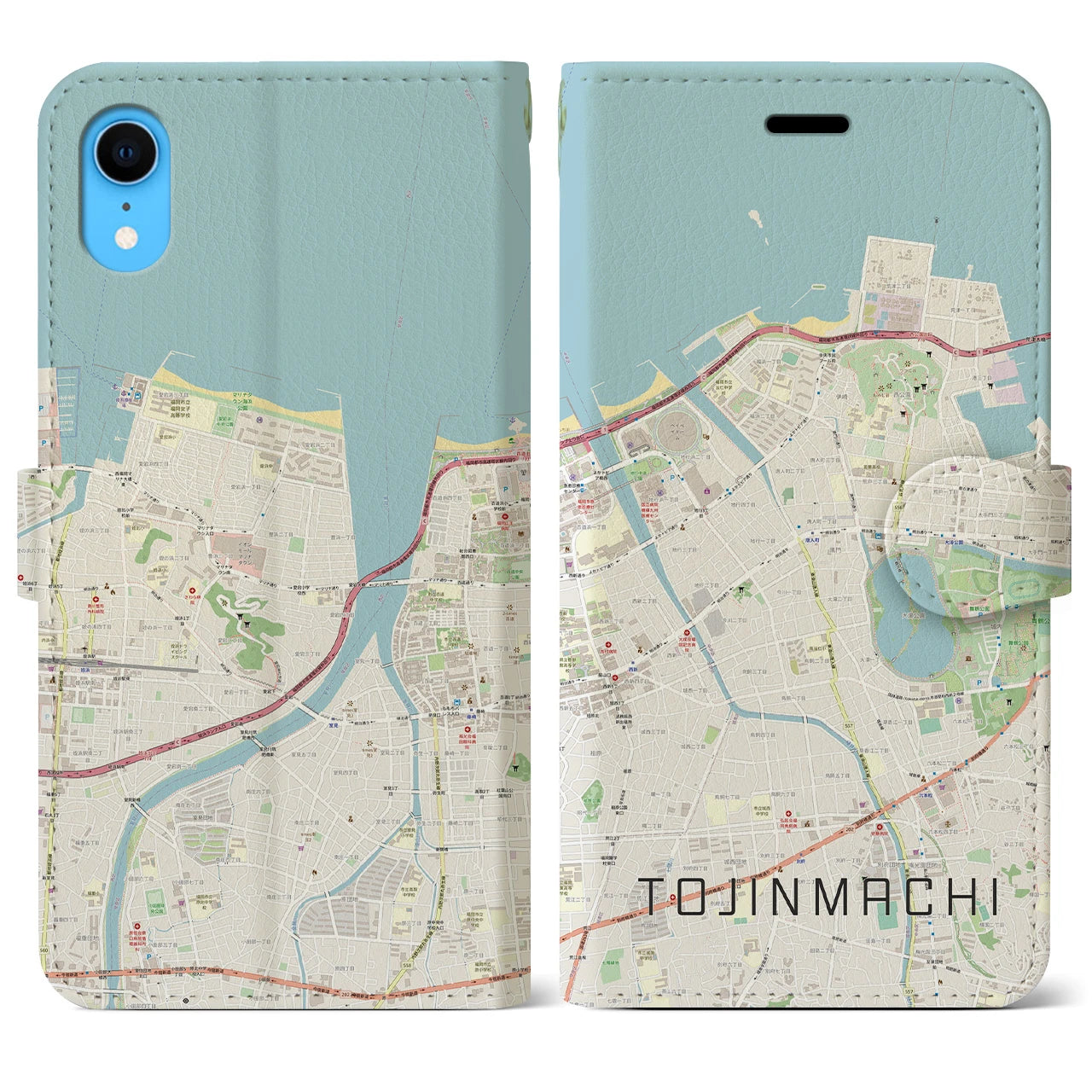 【唐人町】地図柄iPhoneケース（手帳両面タイプ・ナチュラル）iPhone XR 用