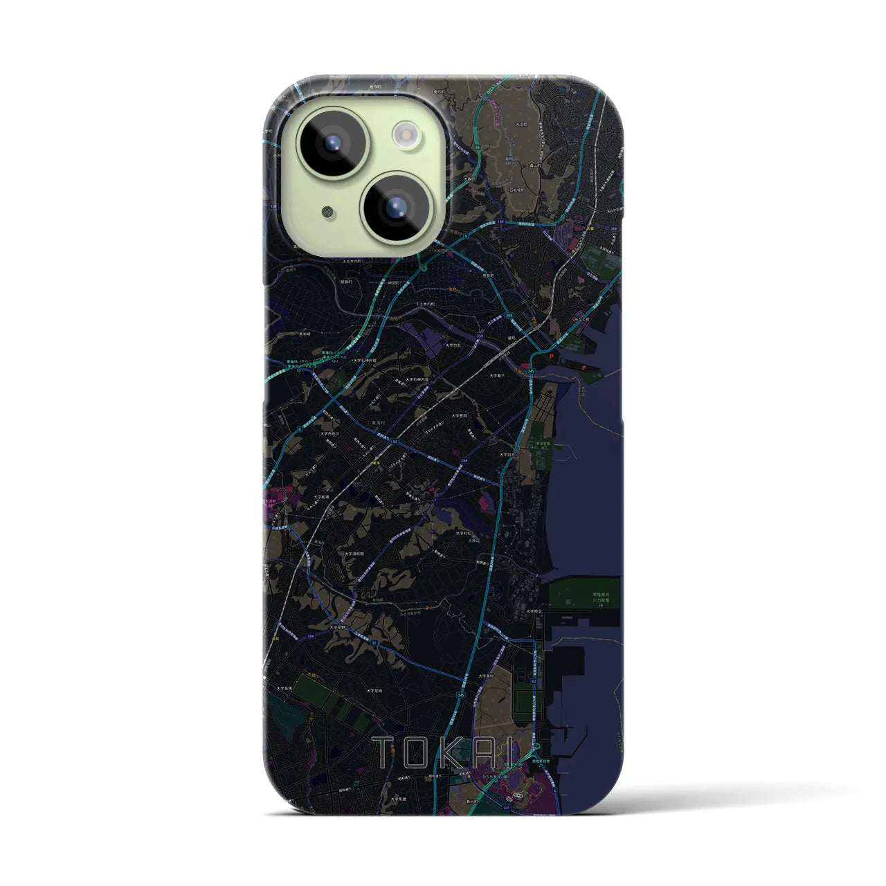 【東海（茨城県）】地図柄iPhoneケース（バックカバータイプ・ブラック）iPhone 15 用