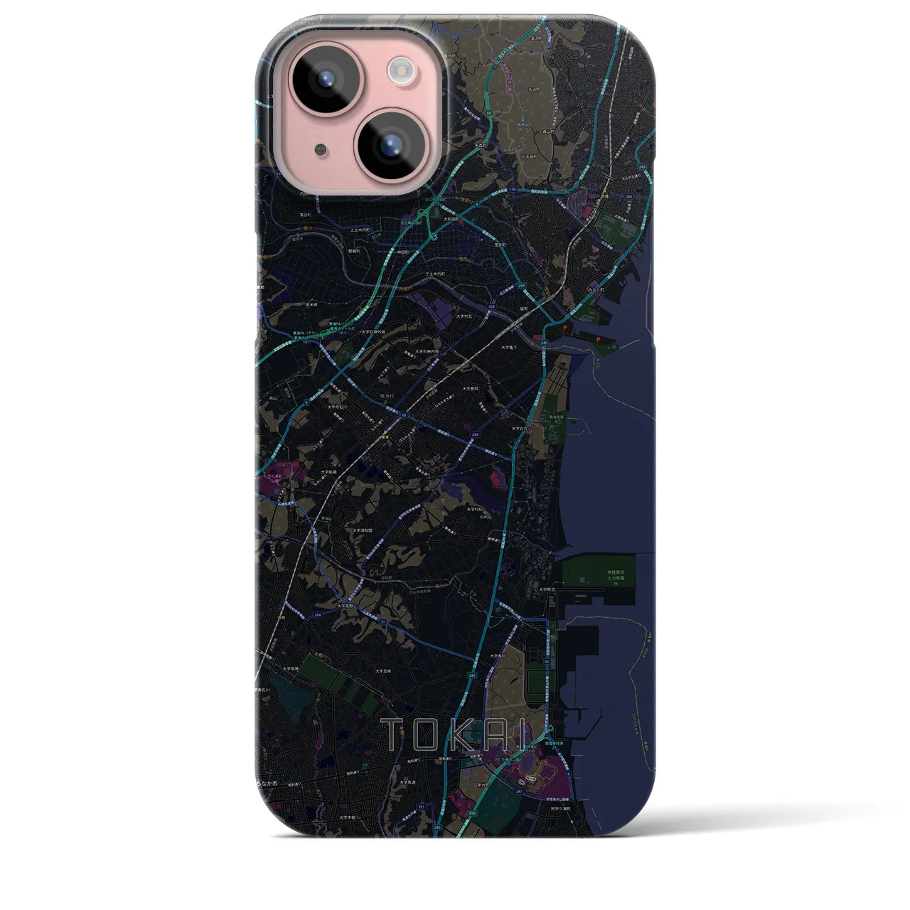 【東海（茨城県）】地図柄iPhoneケース（バックカバータイプ・ブラック）iPhone 15 Plus 用