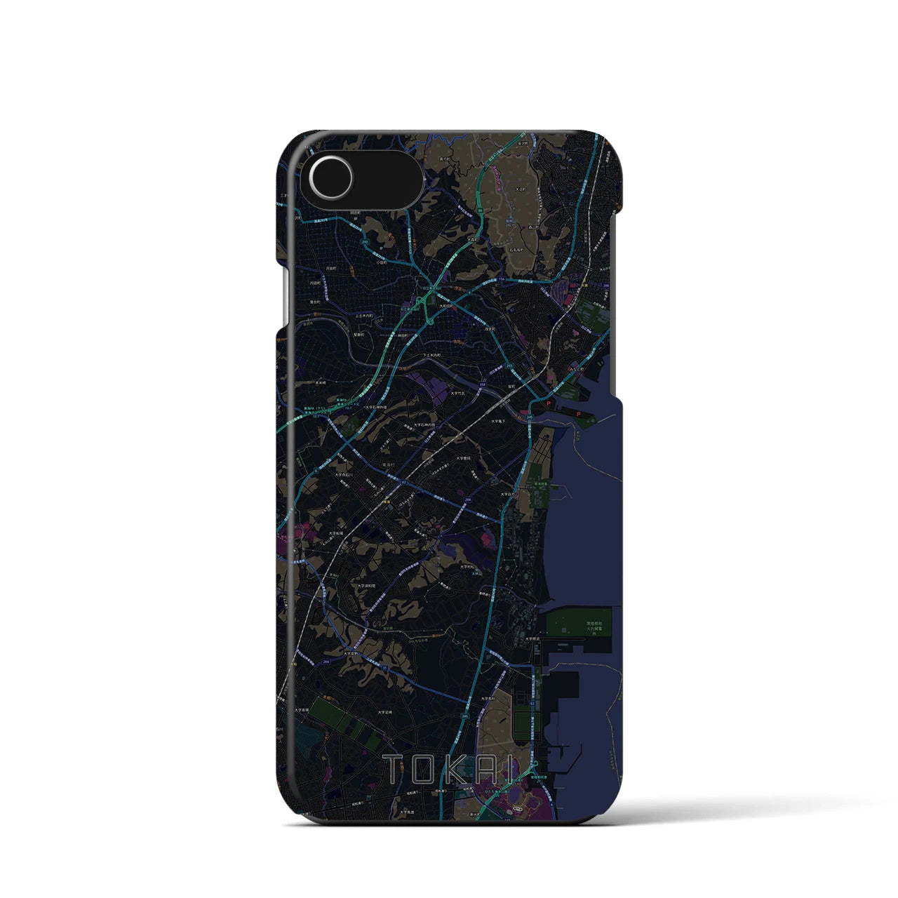 【東海（茨城県）】地図柄iPhoneケース（バックカバータイプ・ブラック）iPhone SE（第3 / 第2世代） / 8 / 7 / 6s / 6 用