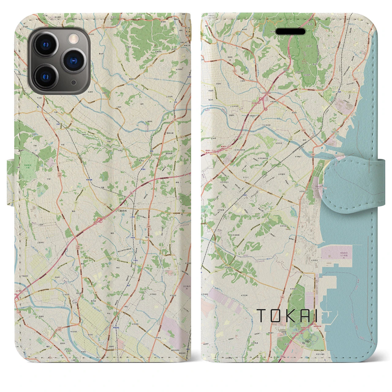 【東海（茨城県）】地図柄iPhoneケース（手帳両面タイプ・ナチュラル）iPhone 11 Pro Max 用