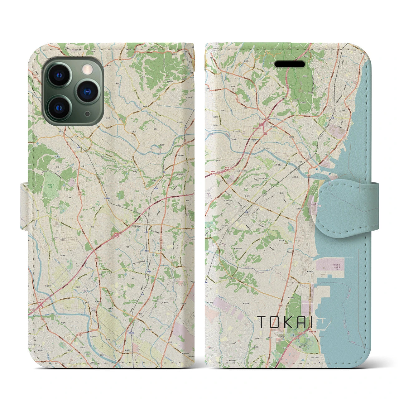 【東海（茨城県）】地図柄iPhoneケース（手帳両面タイプ・ナチュラル）iPhone 11 Pro 用