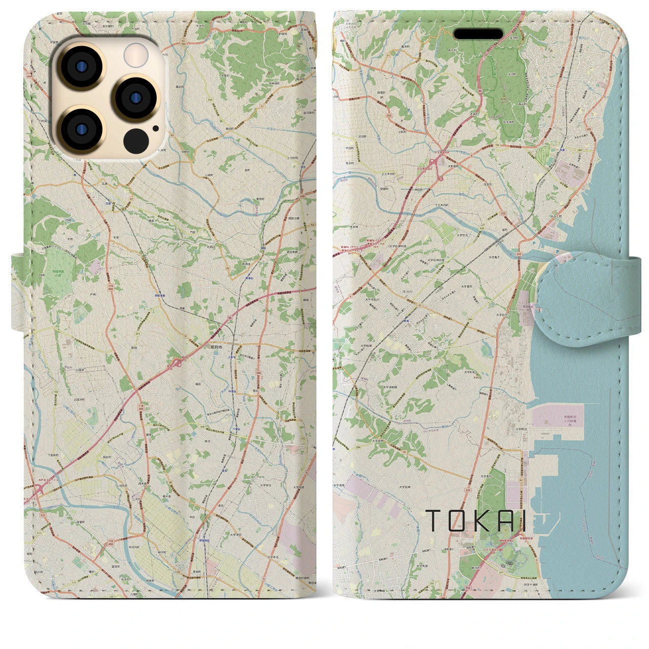 【東海（茨城県）】地図柄iPhoneケース（手帳両面タイプ・ナチュラル）iPhone 12 Pro Max 用