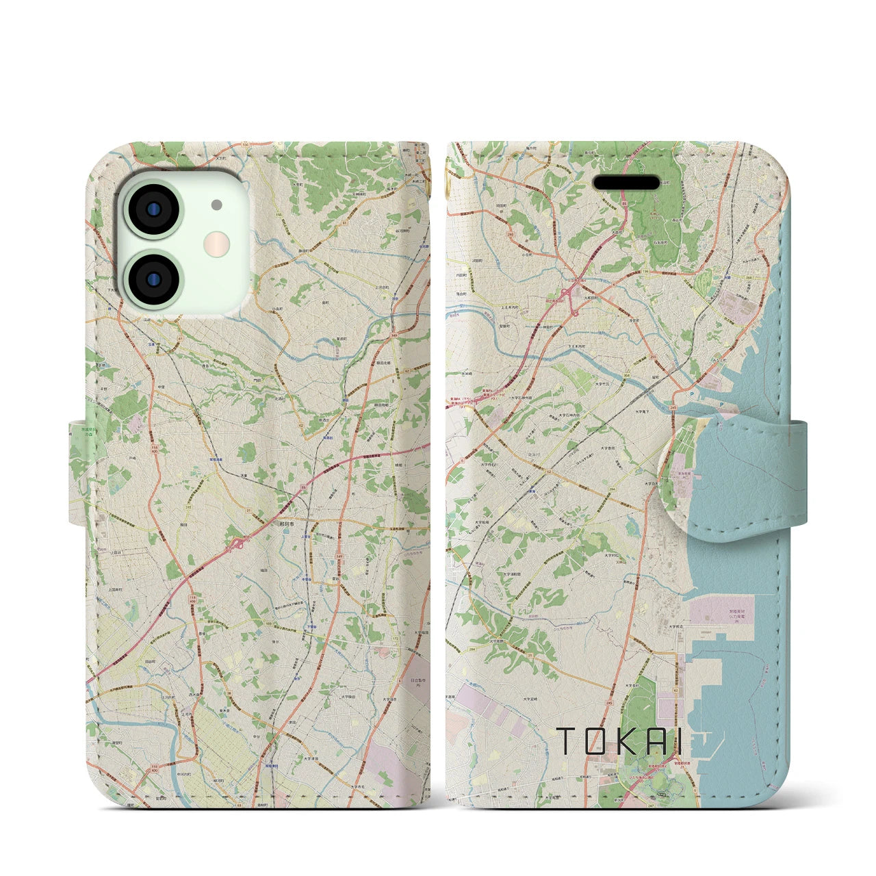 【東海（茨城県）】地図柄iPhoneケース（手帳両面タイプ・ナチュラル）iPhone 12 mini 用