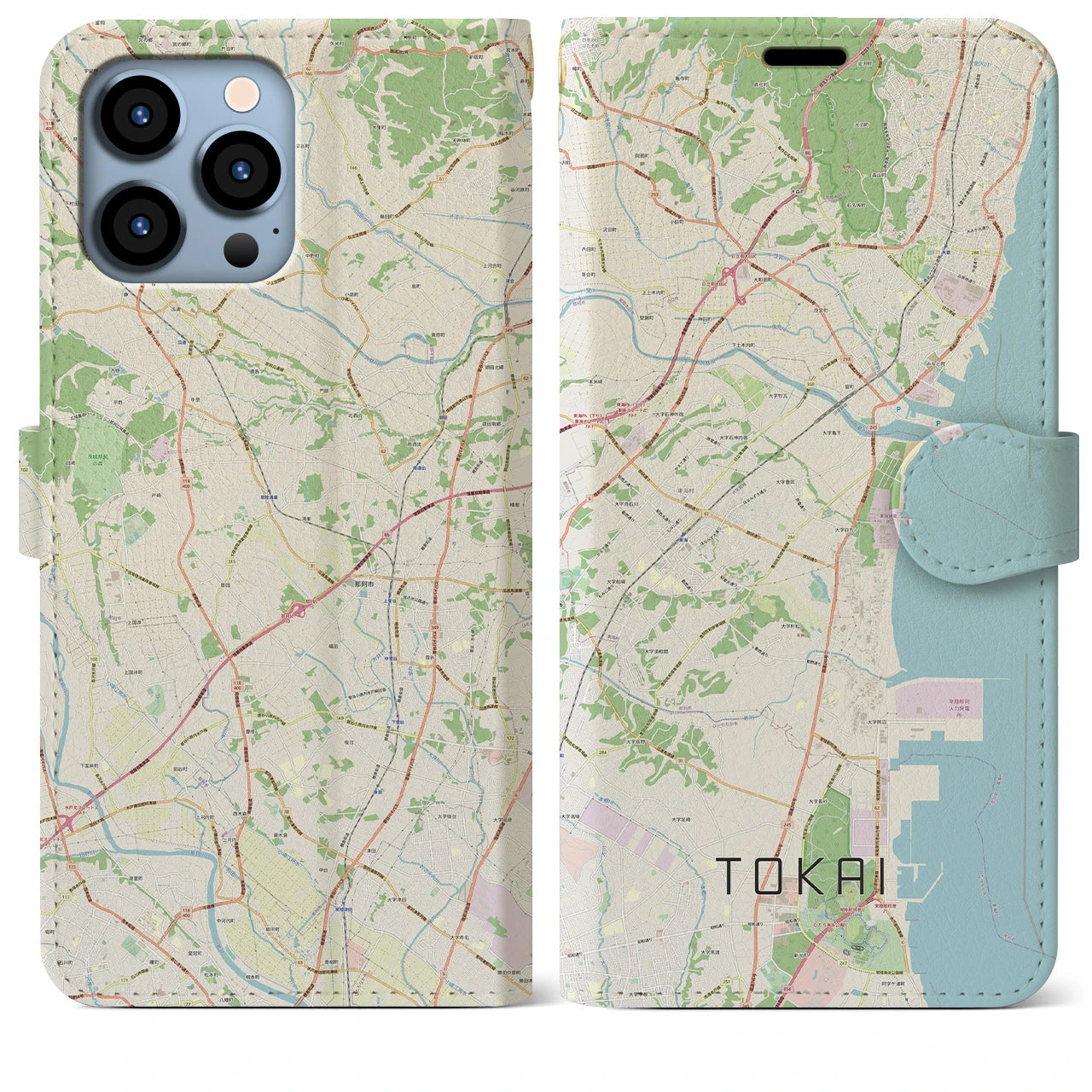 【東海（茨城県）】地図柄iPhoneケース（手帳両面タイプ・ナチュラル）iPhone 13 Pro Max 用