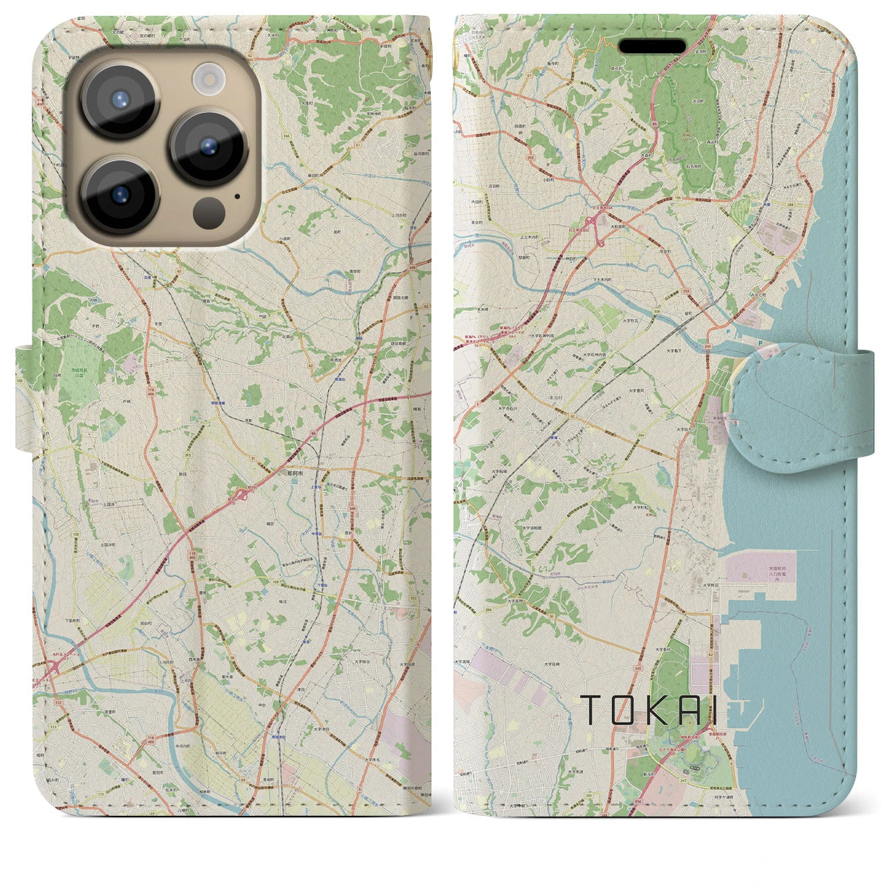 【東海（茨城県）】地図柄iPhoneケース（手帳両面タイプ・ナチュラル）iPhone 14 Pro Max 用