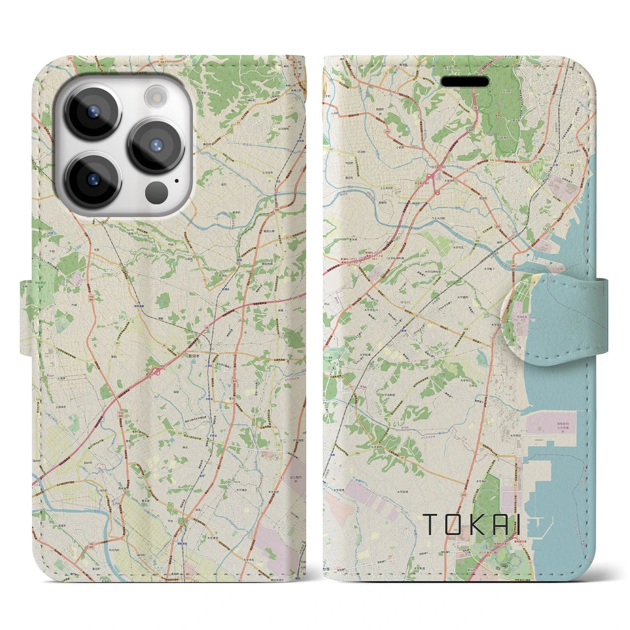 【東海（茨城県）】地図柄iPhoneケース（手帳両面タイプ・ナチュラル）iPhone 14 Pro 用