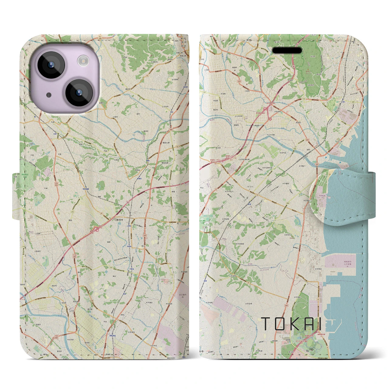 【東海（茨城県）】地図柄iPhoneケース（手帳両面タイプ・ナチュラル）iPhone 14 用