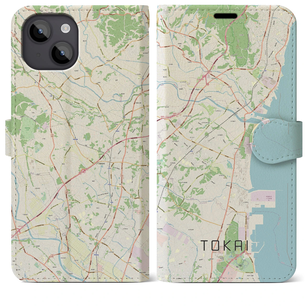 【東海（茨城県）】地図柄iPhoneケース（手帳両面タイプ・ナチュラル）iPhone 14 Plus 用