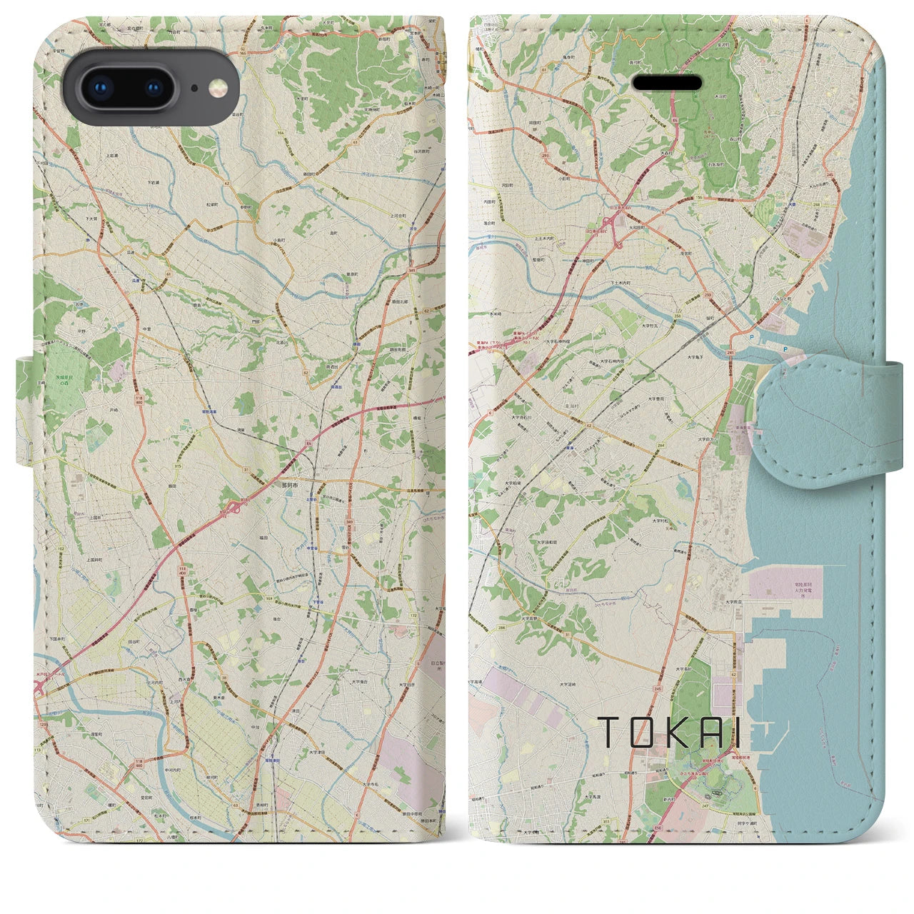 【東海（茨城県）】地図柄iPhoneケース（手帳両面タイプ・ナチュラル）iPhone 8Plus /7Plus / 6sPlus / 6Plus 用
