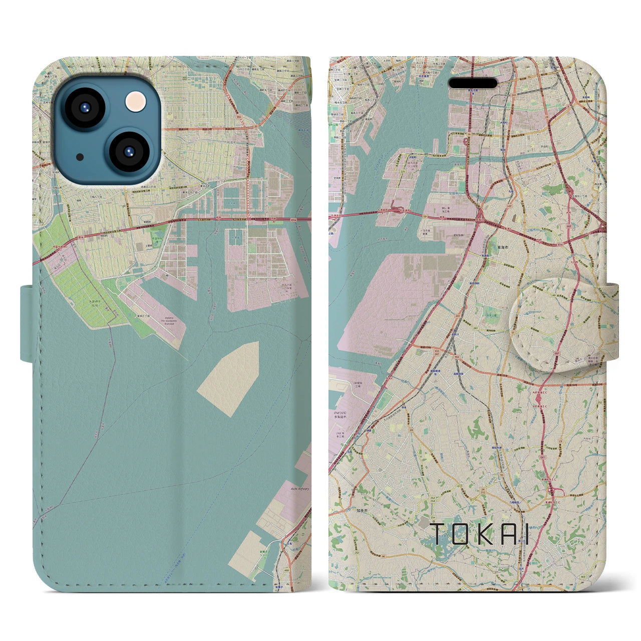 【東海】地図柄iPhoneケース（手帳両面タイプ・ナチュラル）iPhone 13 用