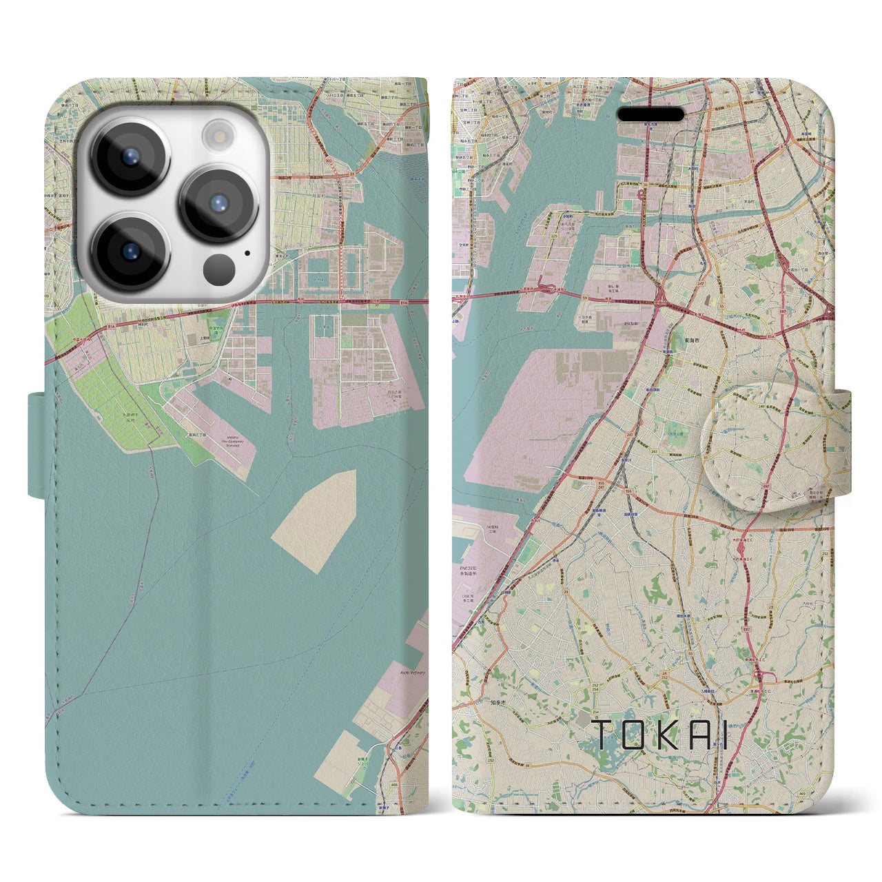 【東海】地図柄iPhoneケース（手帳両面タイプ・ナチュラル）iPhone 14 Pro 用