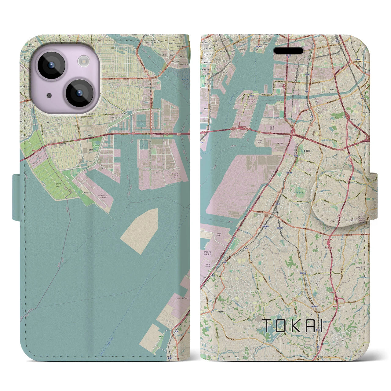 【東海】地図柄iPhoneケース（手帳両面タイプ・ナチュラル）iPhone 14 用