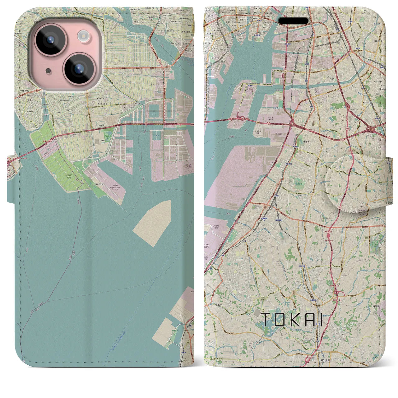 【東海】地図柄iPhoneケース（手帳両面タイプ・ナチュラル）iPhone 15 Plus 用