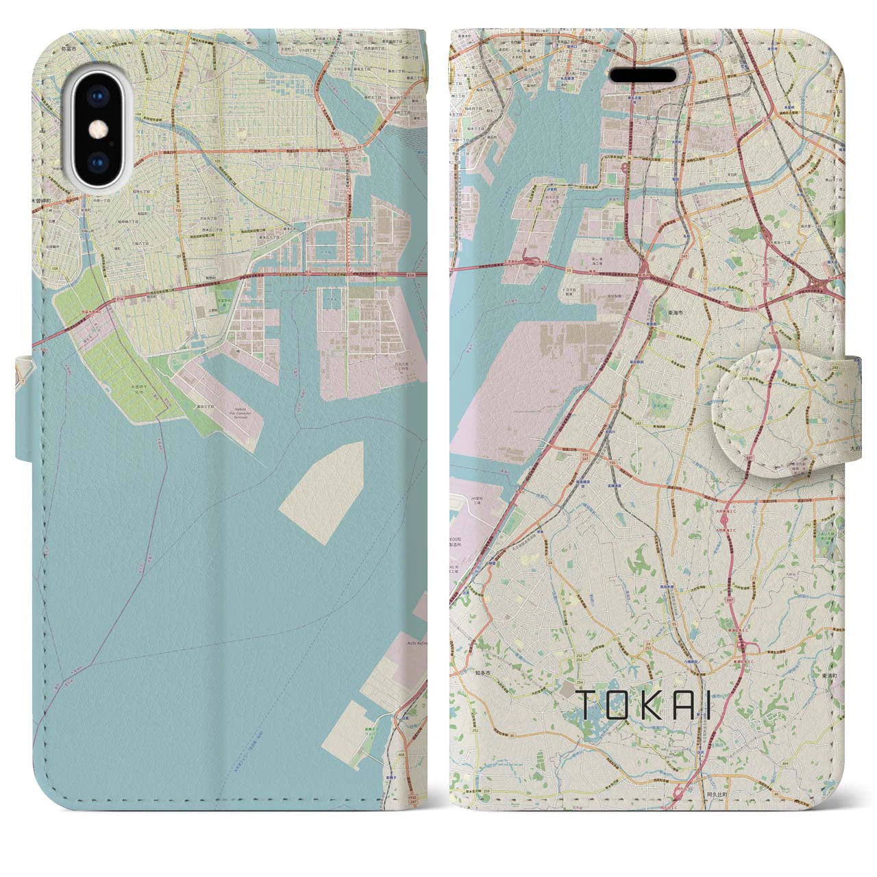 【東海】地図柄iPhoneケース（手帳両面タイプ・ナチュラル）iPhone XS Max 用