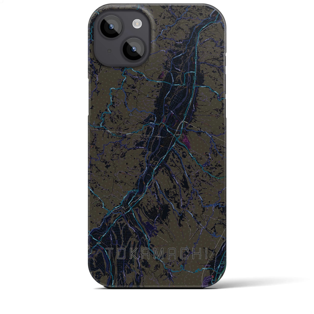 【十日町】地図柄iPhoneケース（バックカバータイプ・ブラック）iPhone 14 Plus 用