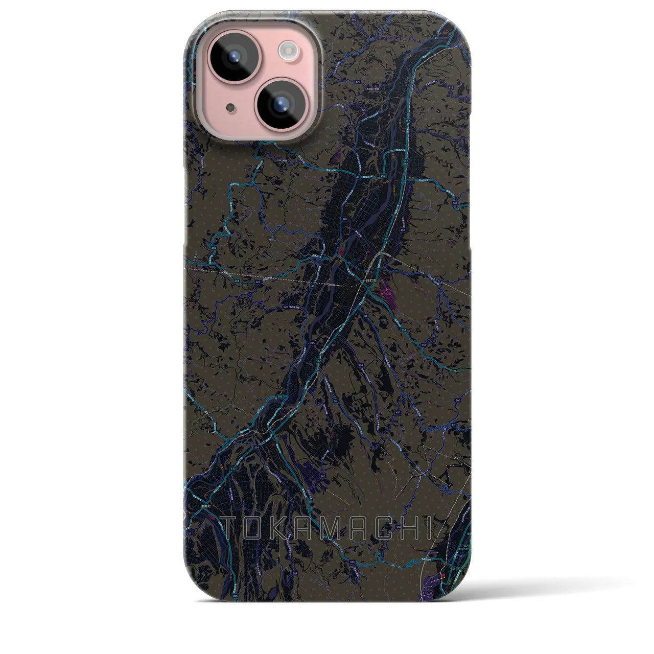 【十日町】地図柄iPhoneケース（バックカバータイプ・ブラック）iPhone 15 Plus 用