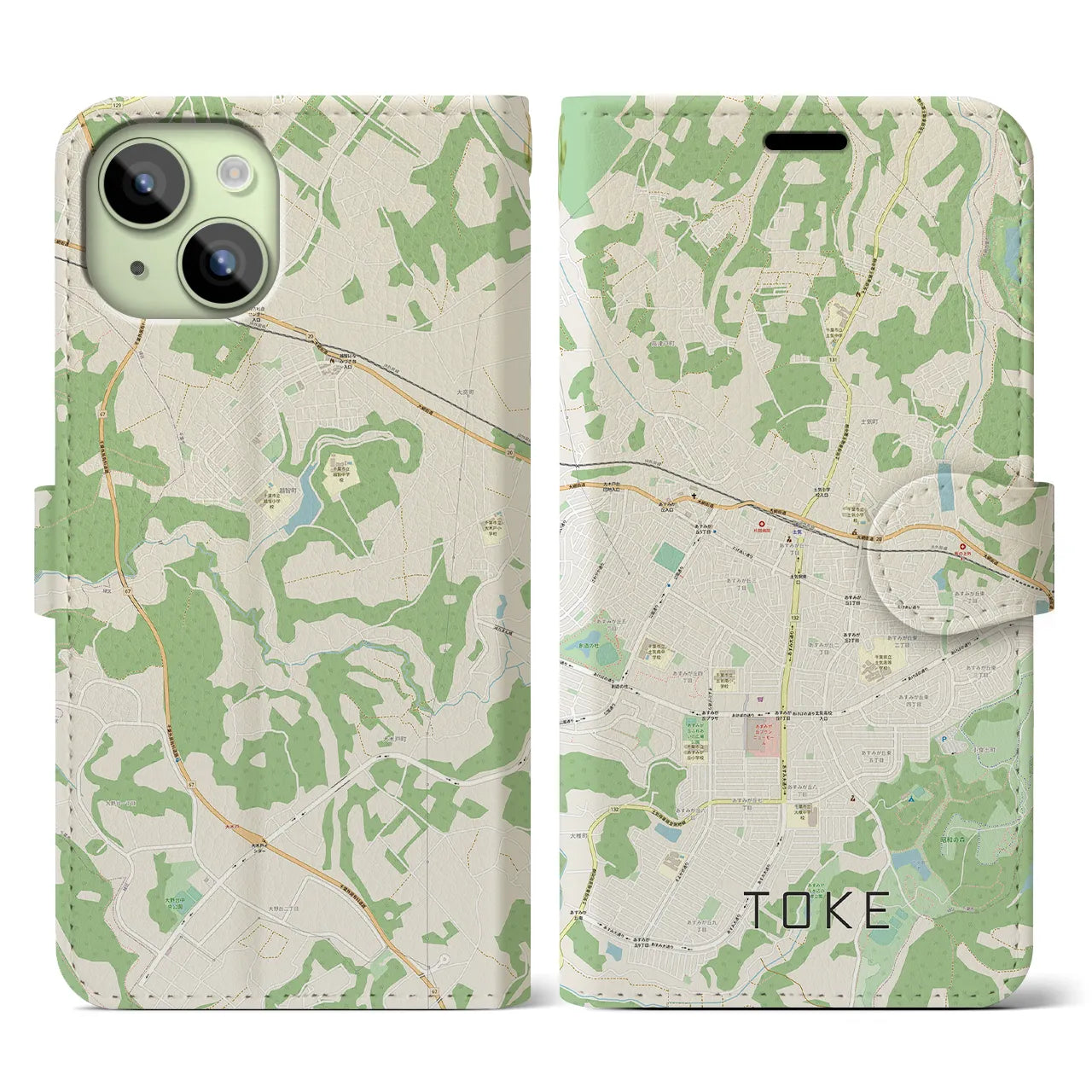 【土気】地図柄iPhoneケース（手帳両面タイプ・ナチュラル）iPhone 15 用