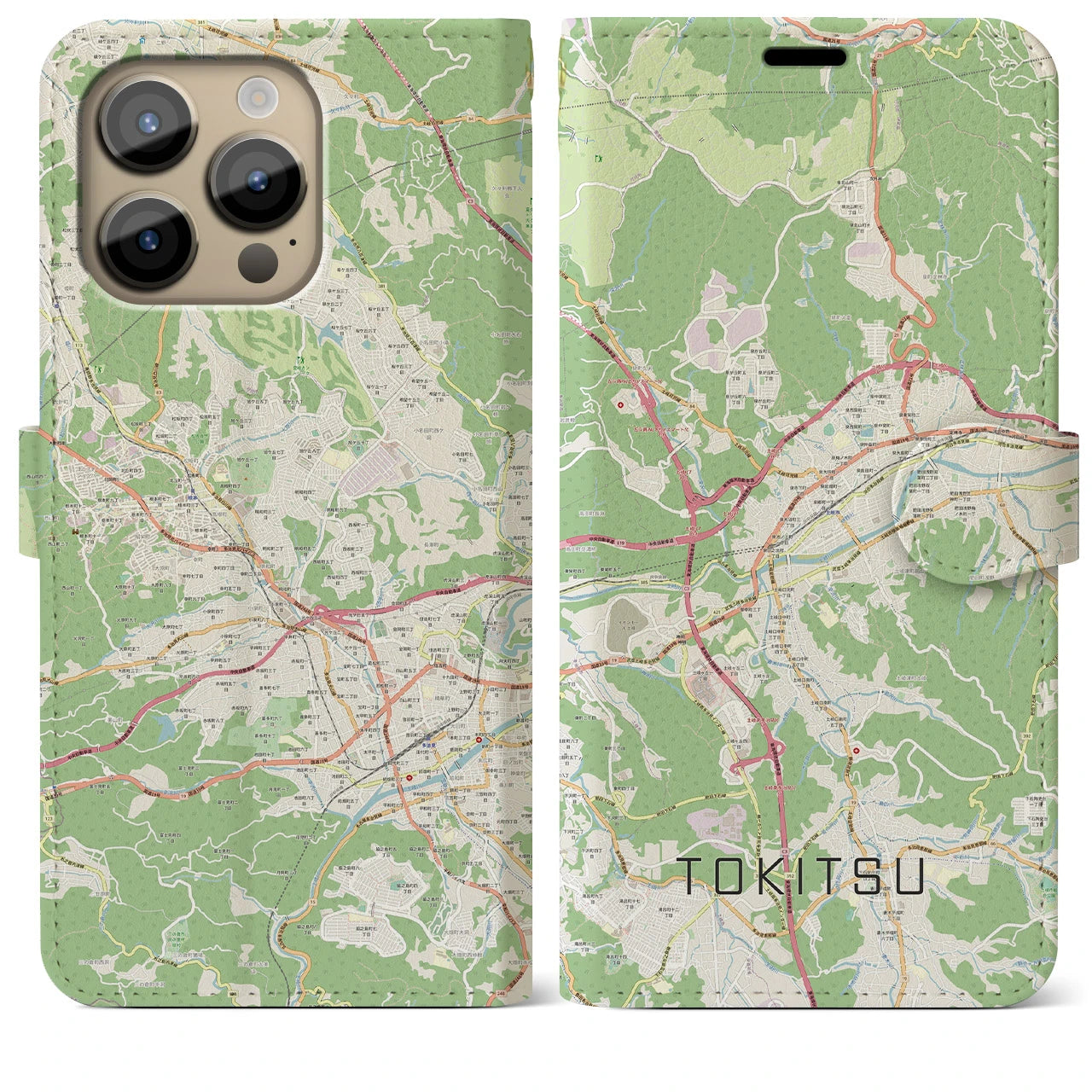 【土岐津】地図柄iPhoneケース（手帳両面タイプ・ナチュラル）iPhone 14 Pro Max 用