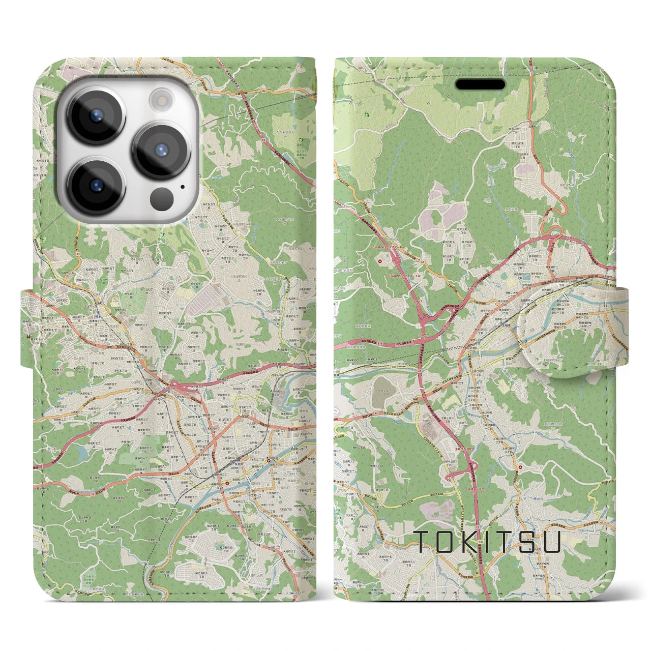 【土岐津】地図柄iPhoneケース（手帳両面タイプ・ナチュラル）iPhone 14 Pro 用