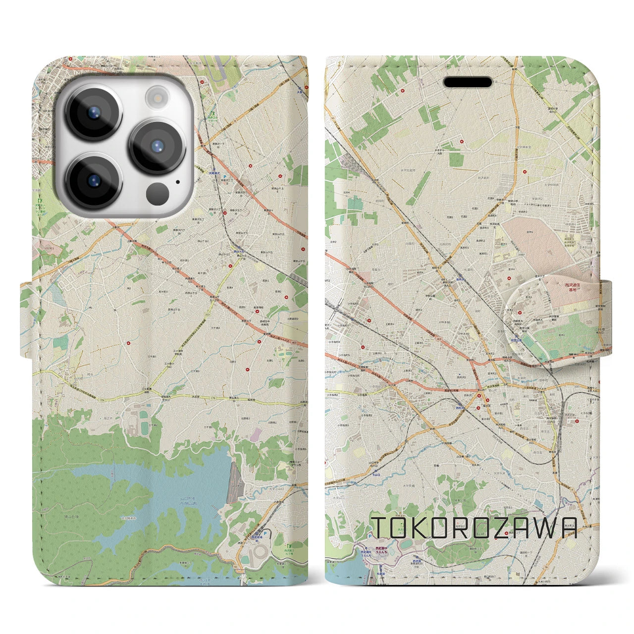 【所沢2】地図柄iPhoneケース（手帳両面タイプ・ナチュラル）iPhone 14 Pro 用