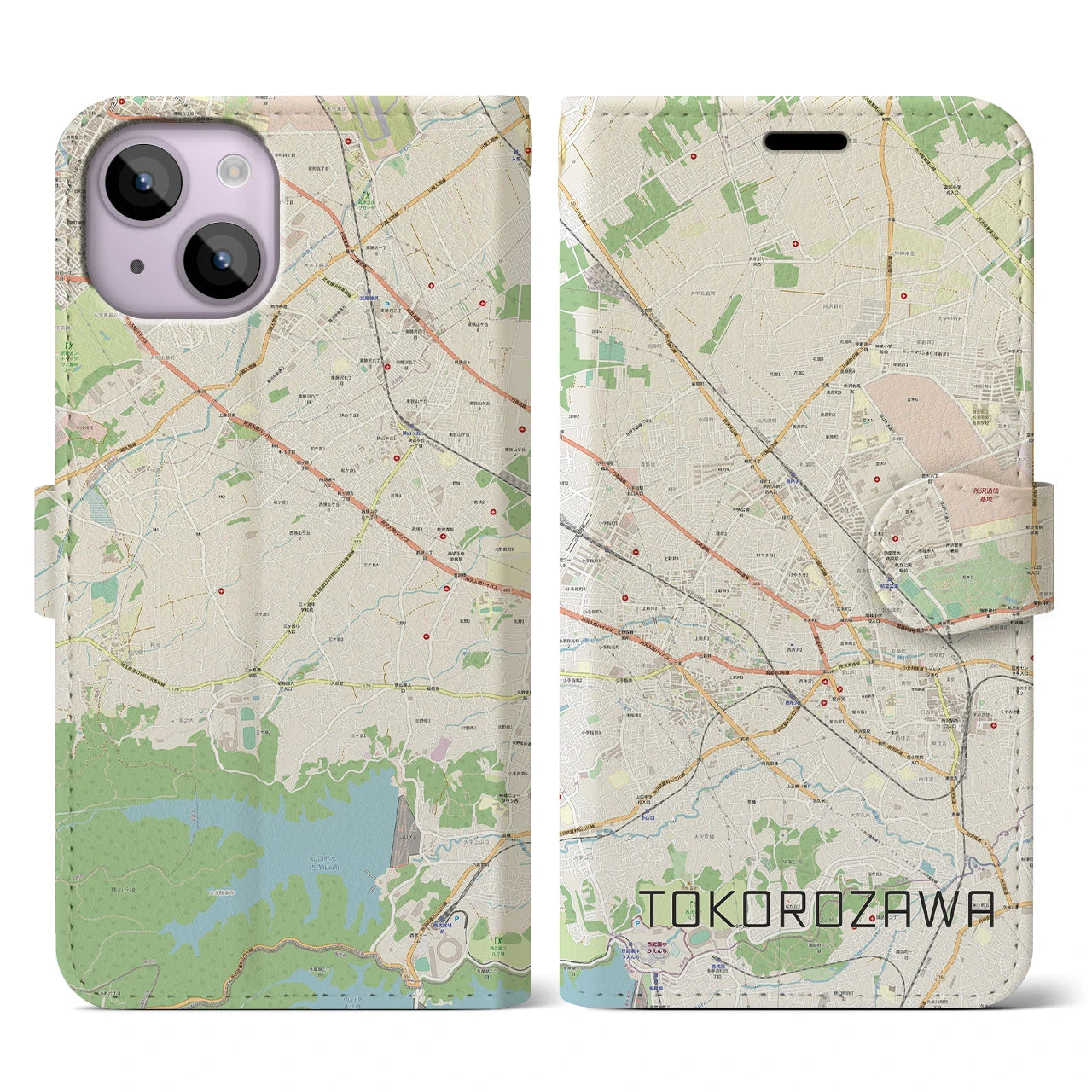 【所沢2】地図柄iPhoneケース（手帳両面タイプ・ナチュラル）iPhone 14 用