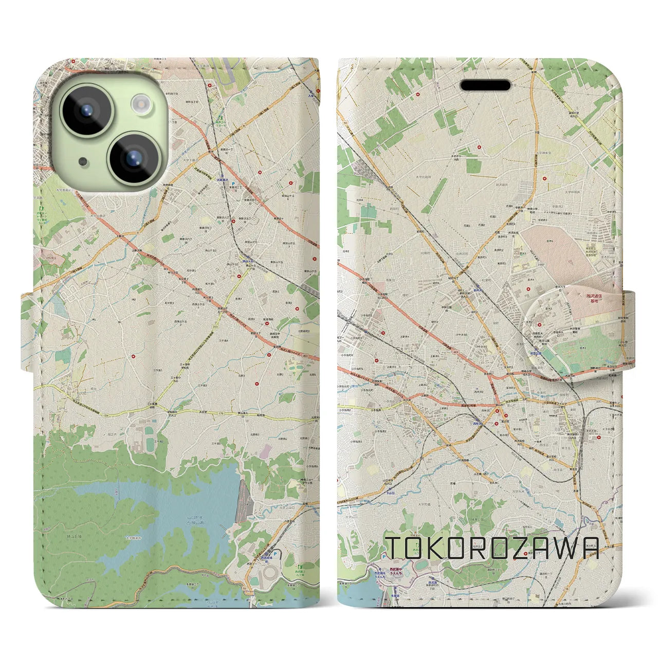 【所沢2】地図柄iPhoneケース（手帳両面タイプ・ナチュラル）iPhone 15 用