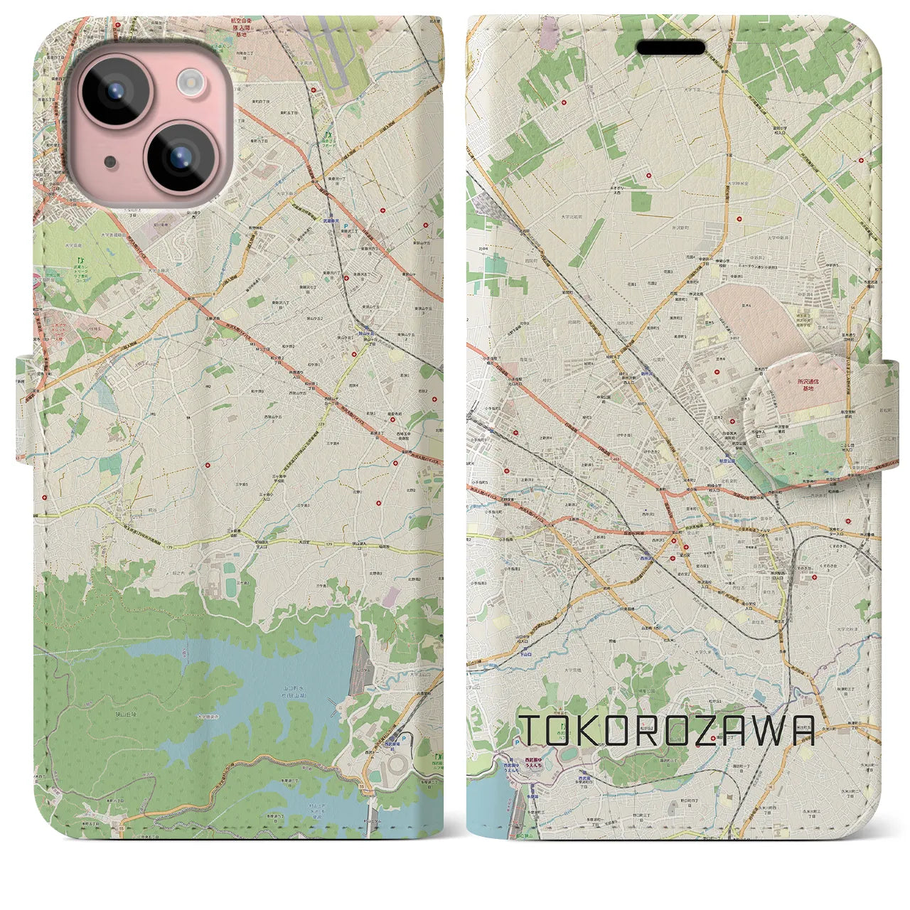 【所沢2】地図柄iPhoneケース（手帳両面タイプ・ナチュラル）iPhone 15 Plus 用
