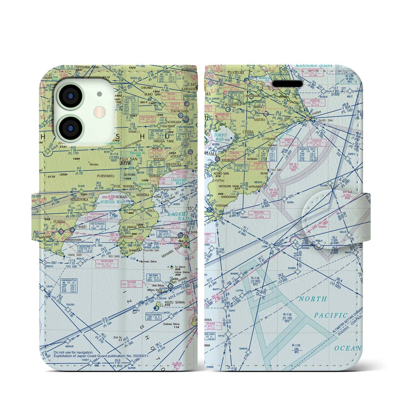 【東京航空図】地図柄iPhoneケース（手帳両面タイプ・デイタイムフライト）iPhone 12 mini 用