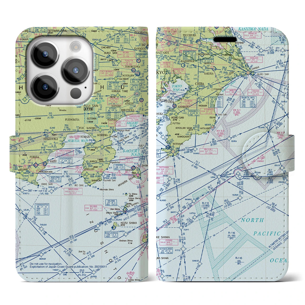 【東京航空図】地図柄iPhoneケース（手帳両面タイプ・デイタイムフライト）iPhone 14 Pro 用